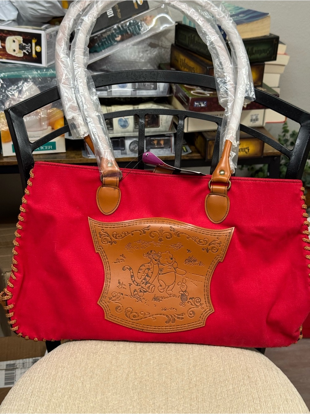 Disney Red Tote with Tan faux Leather Patch and Handles 17” X 10” NWT